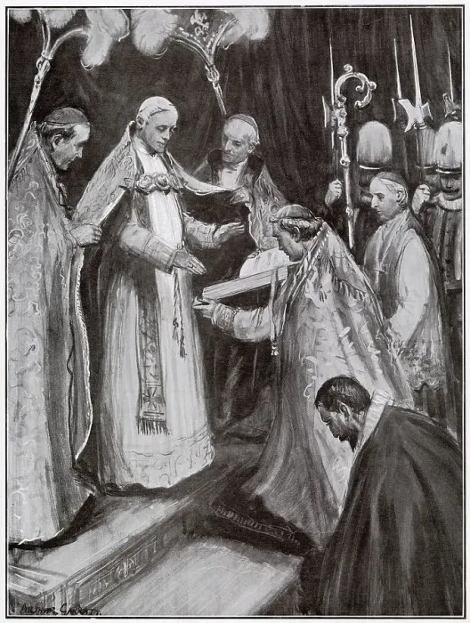 Framed Print : New Pope, Pius X is seen enthroned immediately after the election. The dean of the Sacred College has conducted the necessary formula of acceptance and now the Pope, is about to avow his fidelity to the Church of Peter Framed Print : New Pope, Pius X is seen enthroned immediately after the election. The dean of the Sacred College has conducted the necessary formula of acceptance and now the Pope, is about to avow his fidelity to the Church of Peter