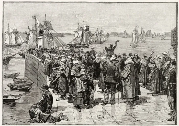 Framed Print : The Newfoundland cod fleet leaves Saint-Malo in Brittany. Launched in the middle of the 16th century, cod fishing was at its peak in the 19th century. For nearly five centuries