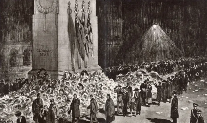 Framed Print : A night scene at the Cenotaph in the days following 11th November 1920 Framed Print : A night scene at the Cenotaph in the days following 11th November 1920