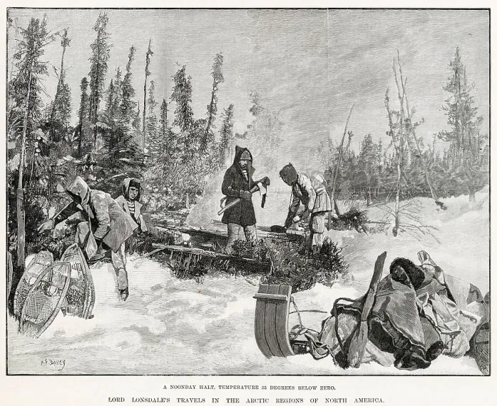 Framed Print : A noonday halt - a 55 degrees below zero. Scene during his expedition in 1889 through North West North America, from the North Saskatchewan River to the shores of the Arctic Ocean across Alaska to the North Pacific. Date: 1890 Framed Print : A noonday halt - a 55 degrees below zero. Scene during his expedition in 1889 through North West North America, from the North Saskatchewan River to the shores of the Arctic Ocean across Alaska to the North Pacific. Date: 1890