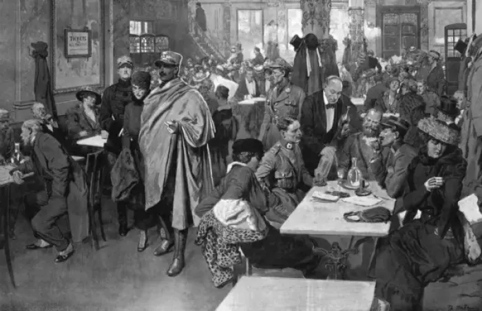 Framed Print : Officers of Four Nations in London Cafe by Matania, WW1