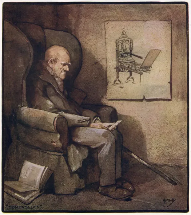 Framed Print : An old printer sits in an armchair contemplating the fact that modernisation has made him Framed Print : An old printer sits in an armchair contemplating the fact that modernisation has made him