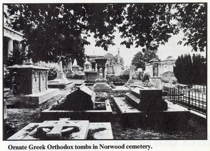 Framed Print : Ornate Greek Orthodox Tombs within the Greek Orthodox Section of West Norwood Cemetery, London. Date: 1976 Framed Print : Ornate Greek Orthodox Tombs within the Greek Orthodox Section of West Norwood Cemetery, London. Date: 1976