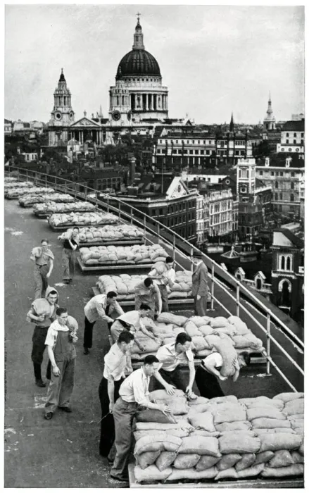 Framed Print : Outbreak of WWII Sandbagging flat roof of an office building Framed Print : Outbreak of WWII Sandbagging flat roof of an office building
