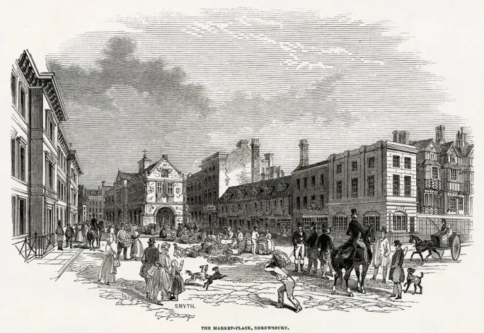 Framed Print : Outdoor market selling fruit and vegetables in Shrewsbury. Date: 1845 Framed Print : Outdoor market selling fruit and vegetables in Shrewsbury. Date: 1845