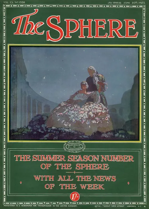 Framed Print : Outer cover of The Sphere magazine's Summer Season Number with an illustration showing an eighteenth century couple enjoying a moonlit tryst in a garden. Date: 1925