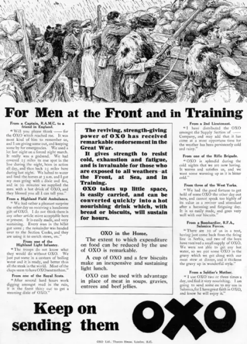 Framed Print : Oxo advertisement with trench scene, WW1 Framed Print : Oxo advertisement with trench scene, WW1