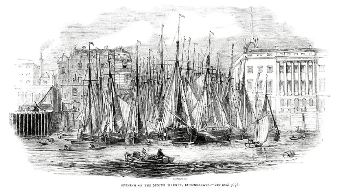 Framed Print : Oyster Boats outside Billingsgate Fish Market, London 1843 Framed Print : Oyster Boats outside Billingsgate Fish Market, London 1843