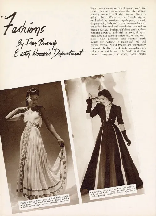 Framed Print : Page from Britannia and Eve with a Nina Ricci dress in white with Grecian style embroidery, and a dramatic dinner dress of black faille high lit with pink by Balenciaga. Date: 1939 Framed Print : Page from Britannia and Eve with a Nina Ricci dress in white with Grecian style embroidery, and a dramatic dinner dress of black faille high lit with pink by Balenciaga. Date: 1939