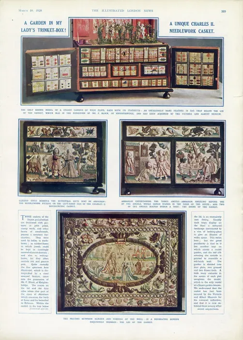 Framed Print : Page from The Illustrated London News, 10th March 1928, detailing a needlework casket of Charles II acquired by the Victoria and Albert Museum: A garden in my lady's trinket box: the only known model of a Stuart garden. Date: 1928