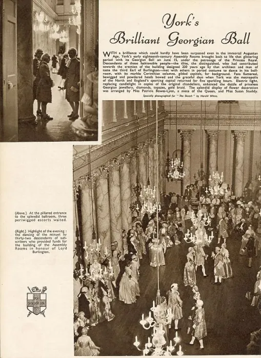 Framed Print : Page from The Sketch reporting on the Georgian Ball held at York. Main photograph shows the dancing of a minuet by 32 descendants of subscribers who provided funds for the building of the Assembly Rooms in honour of Lord Burlington. Date: 1951 Framed Print : Page from The Sketch reporting on the Georgian Ball held at York. Main photograph shows the dancing of a minuet by 32 descendants of subscribers who provided funds for the building of the Assembly Rooms in honour of Lord Burlington. Date: 1951