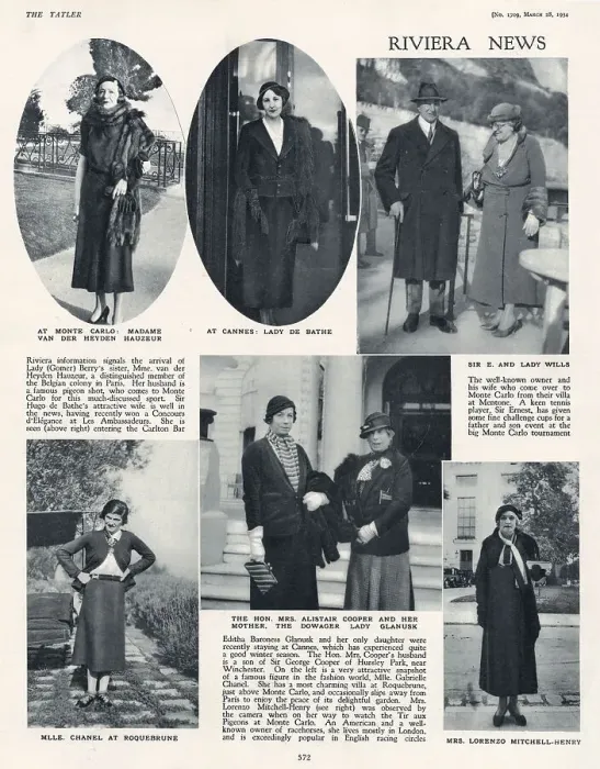 Framed Print : Page from The Tatler, 28th March 1934: Riviera News featuring Madame van der Heyden Hauzeur, Lady de Bathe, Sir E and Lady Wills, Mlle Chanel at Roquebrune, the Hon Mrs Alistair Cooper and the Dowager Lady Glanusk and Mrs Lorenzo Mitchell-Henry Framed Print : Page from The Tatler, 28th March 1934: Riviera News featuring Madame van der Heyden Hauzeur, Lady de Bathe, Sir E and Lady Wills, Mlle Chanel at Roquebrune, the Hon Mrs Alistair Cooper and the Dowager Lady Glanusk and Mrs Lorenzo Mitchell-Henry
