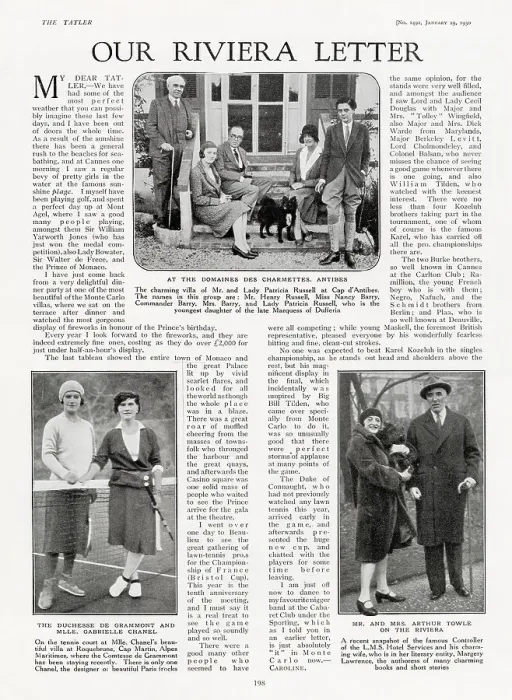 Framed Print : Page from The Tatler, 29th January 1930: Our Riviera Letter featuring Henry Russell, Nancy Barry, Commander Barry, Mrs Barry, and Lady Patricia Russell at the Domaines des Charmettes