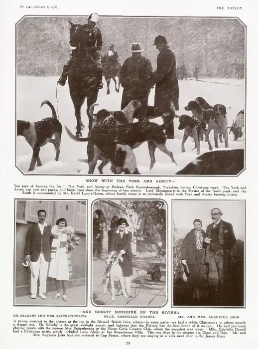 Framed Print : Page from The Tatler, 7th Jan 1931: snow with the York and Ainsty hunt at Scriven Park, Yorkshire; bright sunshine on the Riviera: Dr Saleeby and Mrs Satterthwaite; Mlle Gabrielle Chanel; Mrs and Mrs Augustus John. Date: 1931 Framed Print : Page from The Tatler, 7th Jan 1931: snow with the York and Ainsty hunt at Scriven Park, Yorkshire; bright sunshine on the Riviera: Dr Saleeby and Mrs Satterthwaite; Mlle Gabrielle Chanel; Mrs and Mrs Augustus John. Date: 1931