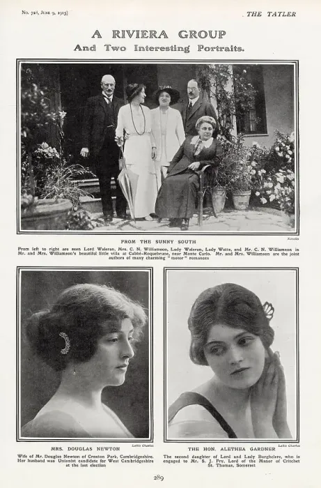 Framed Print : Page from The Tatler, 9th June 1915: A Riviera Group consisting of Lord Waleran, Mrs C N Williamson, Lady Waleran, Lady Watts, and Mr C N Williamson in the Williamsons villa at Cabb-Roquebrune near Monte Carlo Framed Print : Page from The Tatler, 9th June 1915: A Riviera Group consisting of Lord Waleran, Mrs C N Williamson, Lady Waleran, Lady Watts, and Mr C N Williamson in the Williamsons villa at Cabb-Roquebrune near Monte Carlo
