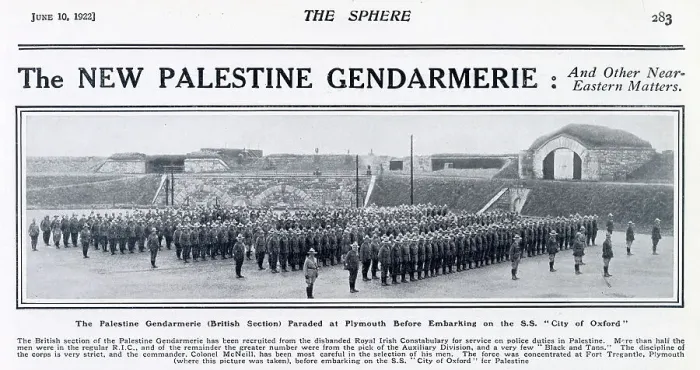 Framed Print : The Palestine Gendarmerie (British section) - paraded at Plymouth before embarking on the S.S. City of Oxford for Palestine. Date: 1922 Framed Print : The Palestine Gendarmerie (British section) - paraded at Plymouth before embarking on the S.S. City of Oxford for Palestine. Date: 1922