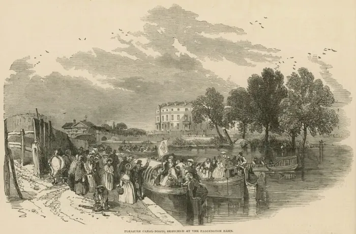 Framed Print : Passenger Canal Boats at Paddington Basin, London, 1849 Framed Print : Passenger Canal Boats at Paddington Basin, London, 1849