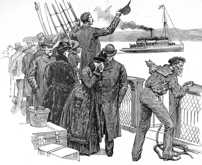 Framed Print : Passengers on a Trans-Atlantic steamer waving goodbye to Framed Print : Passengers on a Trans-Atlantic steamer waving goodbye to