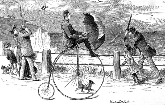Framed Print : Penny Farthing Bicycle under full sail, 1890 Framed Print : Penny Farthing Bicycle under full sail, 1890