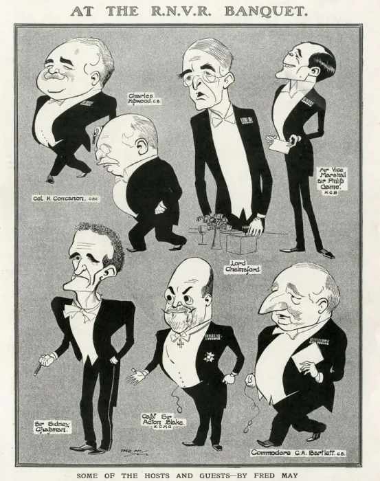Framed Print : Personalities at the Royal Naval Volunteer Reserve banquet caricatured by Fred May Framed Print : Personalities at the Royal Naval Volunteer Reserve banquet caricatured by Fred May