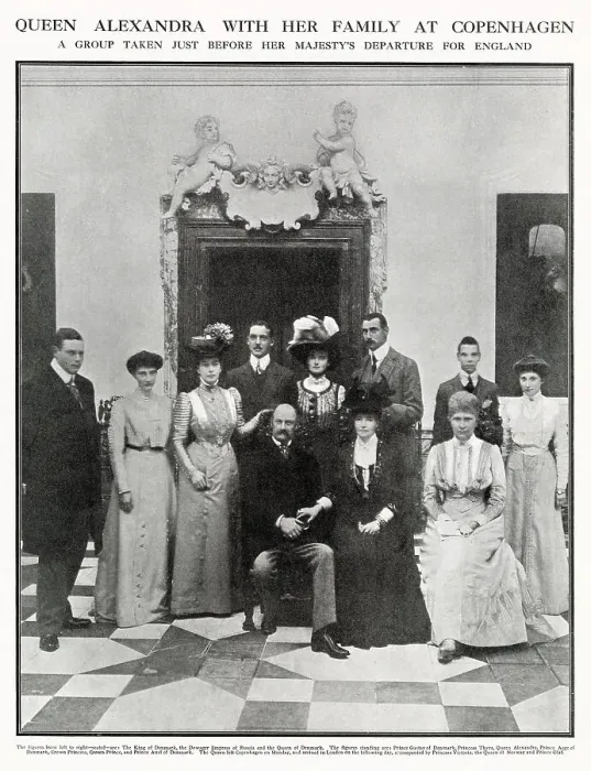 Framed Print : Photograph taken of Queen Alexandra's family in Copenhagen just before her Majesty returned to England. (left to right) seated--are: The Frederick VIII, King of Denmark, the Dowager Empress of Russia and the Queen of Denmark Framed Print : Photograph taken of Queen Alexandra's family in Copenhagen just before her Majesty returned to England. (left to right) seated--are: The Frederick VIII, King of Denmark, the Dowager Empress of Russia and the Queen of Denmark