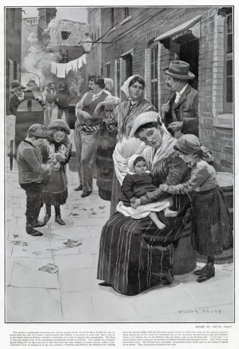 Framed Print : Picturesque illustration of an Italian Community living off Leather Lane in London Framed Print : Picturesque illustration of an Italian Community living off Leather Lane in London
