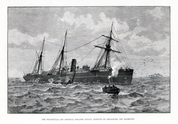 Framed Print : P&O Steamship Nepaul - The Nepaul shown aground on the Shagstone, although she went