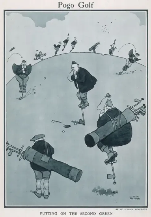 Framed Print : Pogo Golf. Cartoon, Pogo Golf. Men playing golf using clubs as pogo sticks