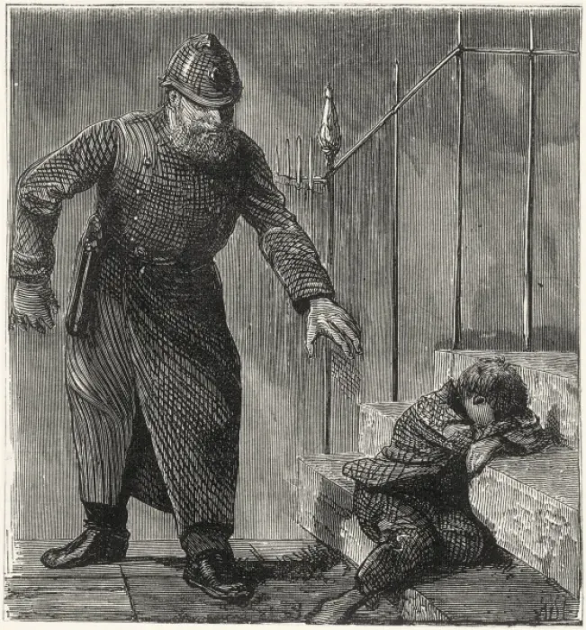 Framed Print : Policeman discovering sleeping waif on a doorstep