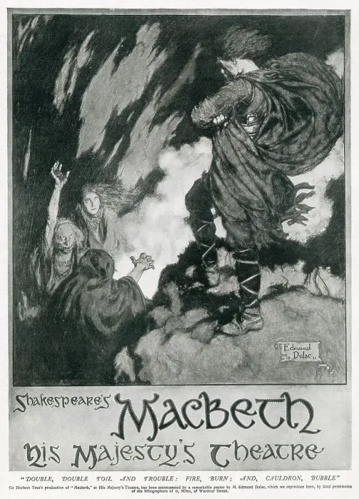 Framed Print : Poster for Sir Herbert Tree's production of Macbeth at His Majesty's Theatre designed by Edmund Dulac. Poster shows a dramatic scene of Macbath meeting the three witches. Date: 1911 Framed Print : Poster for Sir Herbert Tree's production of Macbeth at His Majesty's Theatre designed by Edmund Dulac. Poster shows a dramatic scene of Macbath meeting the three witches. Date: 1911