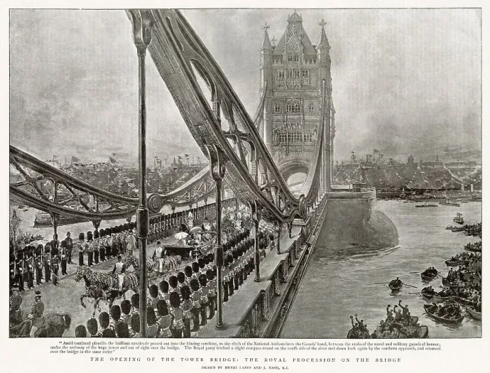 Framed Print : The Prince and Princess of Wales (later Edward VII and Alexandra of Denmark) going over the bridge, round on the south side of the river and down back again by the southern approach and returned over the bridge in the same order