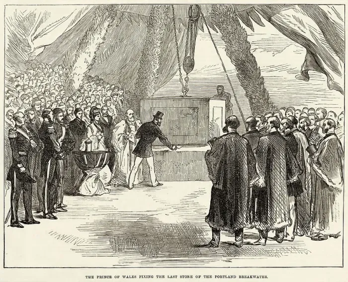 Framed Print : The Prince of Wales (later King Edward VII) fixing the last stone of the Portland Harbour Breakwater, the first stone of which was laid by his father, Prince Albert, 23 years previously. Date: 1872 Framed Print : The Prince of Wales (later King Edward VII) fixing the last stone of the Portland Harbour Breakwater, the first stone of which was laid by his father, Prince Albert, 23 years previously. Date: 1872