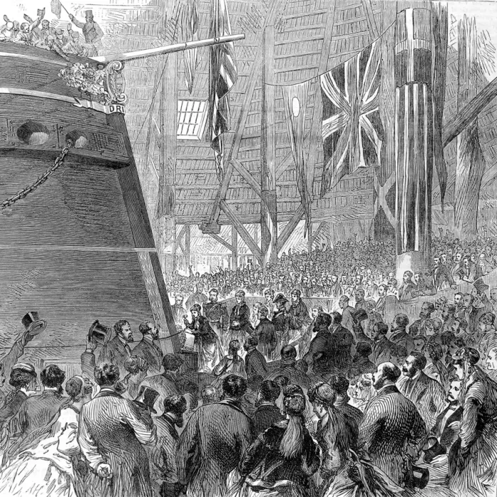 Framed Print : Princess Louise launching screw-corvette, Druid at Deptfor Framed Print : Princess Louise launching screw-corvette, Druid at Deptfor