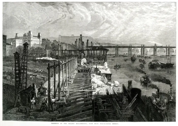 Framed Print : Progress on Thames Embankment 1865 Framed Print : Progress on Thames Embankment 1865