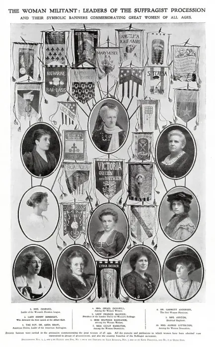 Framed Print : Some of the prominent figures in a NUWSS London procession. Also shown are some of the 70 banners carried commemorating great women through the ages. Date: 13 June 1908 Framed Print : Some of the prominent figures in a NUWSS London procession. Also shown are some of the 70 banners carried commemorating great women through the ages. Date: 13 June 1908