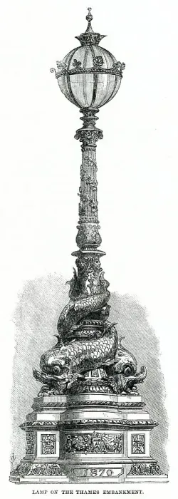 Framed Print : Proposed design published in The Illustrated London News for the cast-iron decorative street lamps that would align the River Thames on the Embankment, London. Date: 1870 Framed Print : Proposed design published in The Illustrated London News for the cast-iron decorative street lamps that would align the River Thames on the Embankment, London. Date: 1870