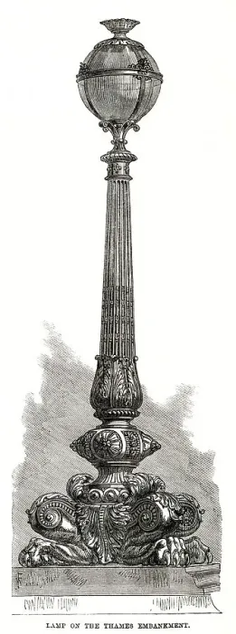 Framed Print : Proposed design published in The Illustrated London News for the cast-iron decorative street lamps that would align the River Thames on the Embankment, London. Date: 1870 Framed Print : Proposed design published in The Illustrated London News for the cast-iron decorative street lamps that would align the River Thames on the Embankment, London. Date: 1870