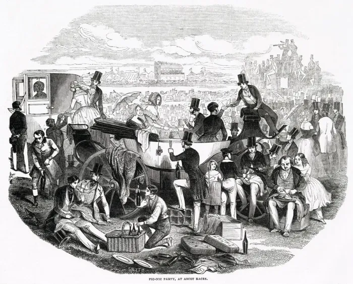 Framed Print : Provident racegoers enjoy a picnic between races at the Ascot meeting Date: 1844 Framed Print : Provident racegoers enjoy a picnic between races at the Ascot meeting Date: 1844