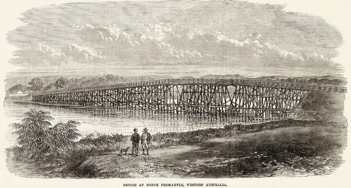 Framed Print : Public works in Western Australia. The bridge across the river Swan at North Fremantle. It has been erected entirely by convict labour, under the administration of his Excellency Governor Hampton Framed Print : Public works in Western Australia. The bridge across the river Swan at North Fremantle. It has been erected entirely by convict labour, under the administration of his Excellency Governor Hampton