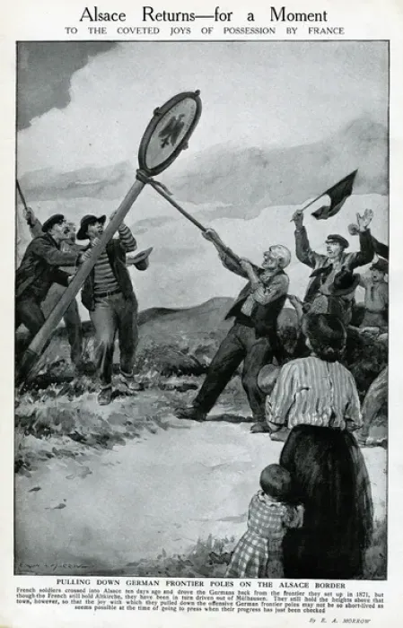 Framed Print : Pulling down German frontier pole at Alsace, WW1