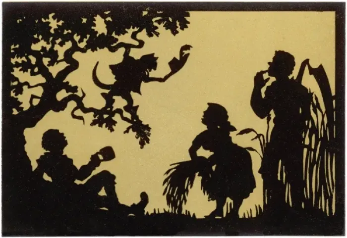 Framed Print : Puss in Boots talks to reapers mowing a meadow Framed Print : Puss in Boots talks to reapers mowing a meadow