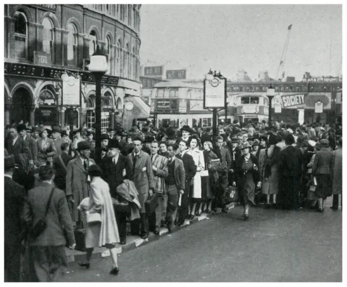 Framed Print : Queueing due to reduced bus services, September 1939