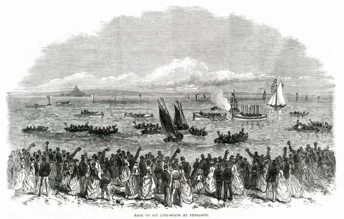 Framed Print : A race of six lifeboats at Mounts Bay, Penzance, Cornwall. Date: 1867 Framed Print : A race of six lifeboats at Mounts Bay, Penzance, Cornwall. Date: 1867