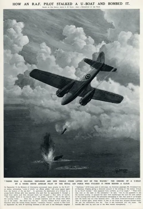 Framed Print : RAF pilot bombing U-boat by G. H. Davis
