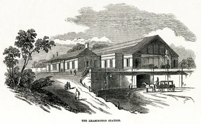 Framed Print : Railway station at Leamington (Spa), Warwickshire 1852 Framed Print : Railway station at Leamington (Spa), Warwickshire 1852