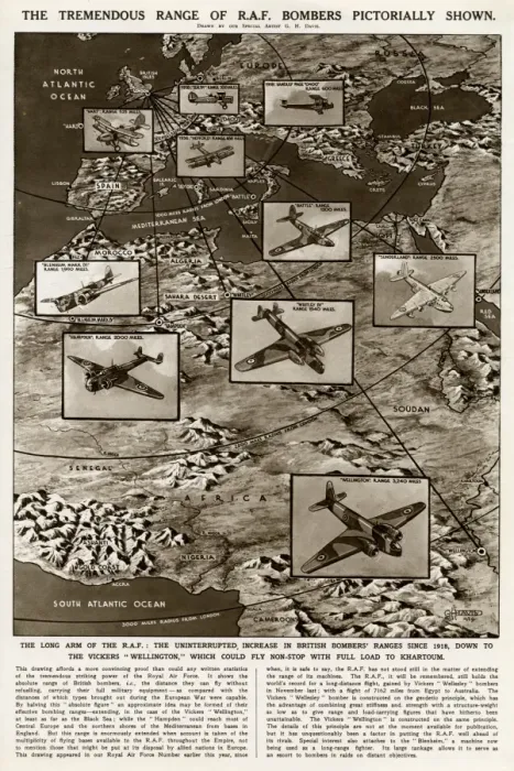 Framed Print : Ranges of RAF bombers by G. H. Davis Framed Print : Ranges of RAF bombers by G. H. Davis