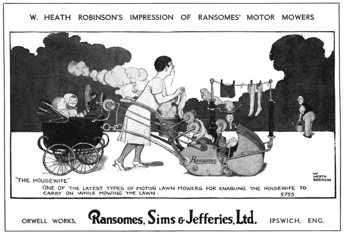 Framed Print : Ransomes, Sims and Jeffries advert by Heath Robinson Framed Print : Ransomes, Sims and Jeffries advert by Heath Robinson