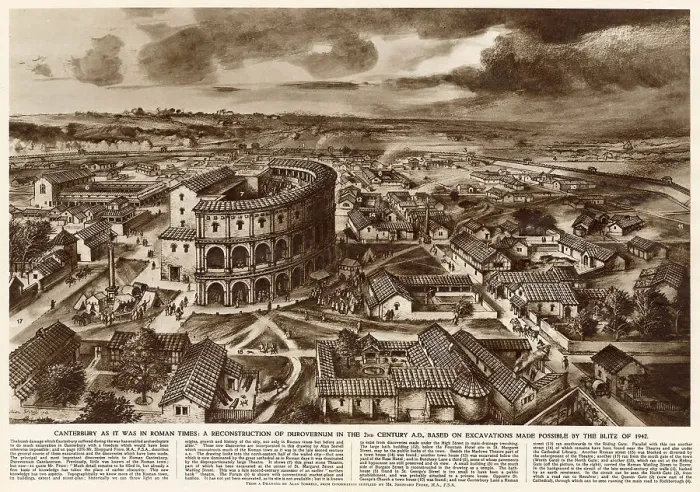 Framed Print : A reconstruction of Durovernum in the 2nd century A.D, based on excavations made possible by the Blitz of 1942. Date: 1952 Framed Print : A reconstruction of Durovernum in the 2nd century A.D, based on excavations made possible by the Blitz of 1942. Date: 1952