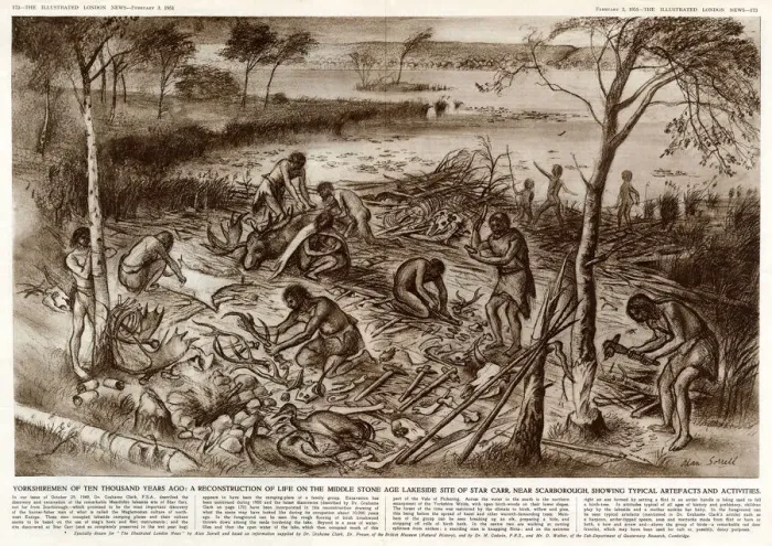 Framed Print : Reconstruction of Mesolithic site of Star Carr, Yorkshire Framed Print : Reconstruction of Mesolithic site of Star Carr, Yorkshire