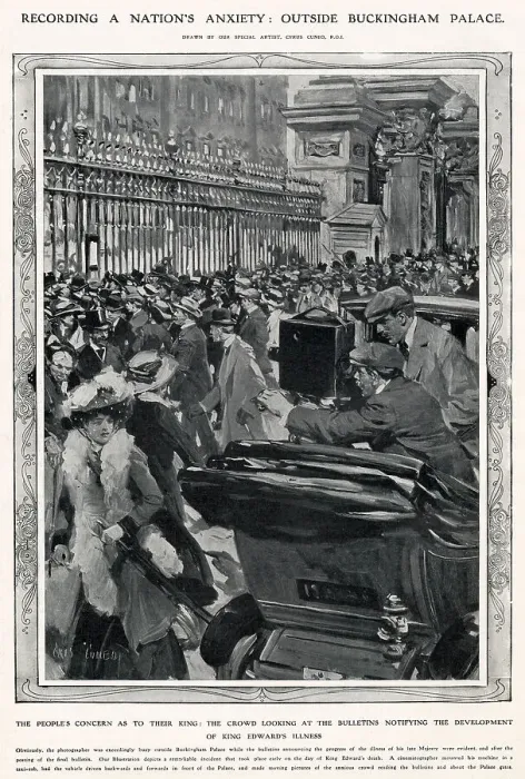 Framed Print : Recording the nation's anxiety outside Buckingham Palace in London. Waiting for a bulletin notifying of the development of King Edward illness. Date: May 1910